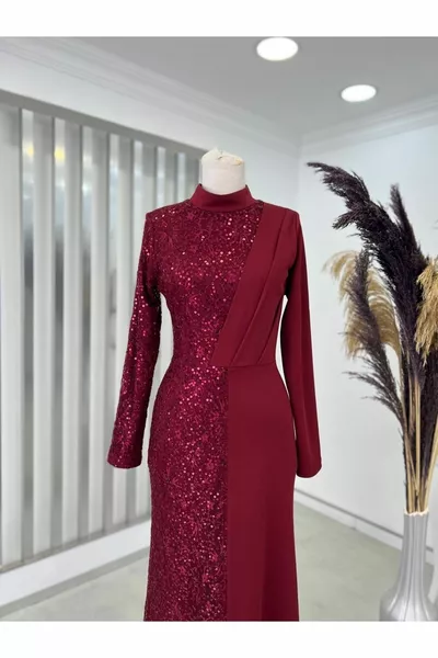 Pailletten Azalee Hijab Abendkleid Burgund