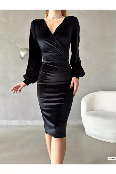 двубортный воротник воздушный рукав разрез длина миди бархатная ткань вечернее платье свадебная помолвка приглашение на выпускной