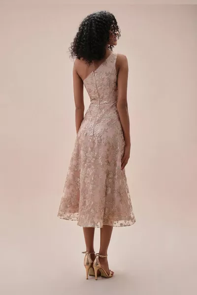 Single Sleeve Gold Lace Embroidered Midi Length Dress