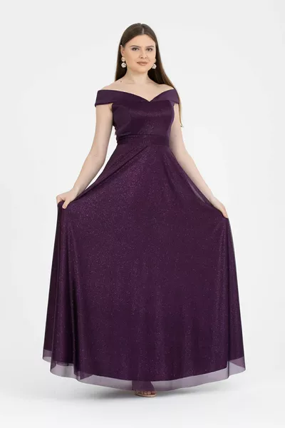 Damen Boot Kragen Riemen Langes ausgestelltes Glitzer Abendkleid Einladung / Lila