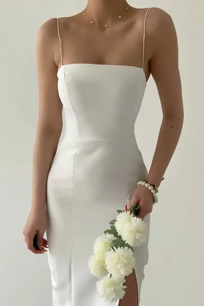 Дамска тъкан Atlas Fabric Цепка Детайл Тънка каишка см Миди дължина Бяла вечерна рокля без презрамки 