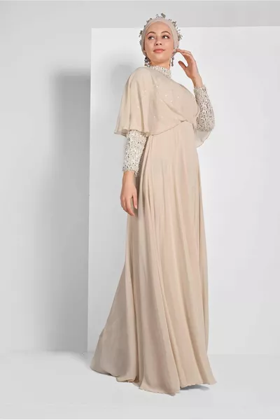 Женское бежевое (STONE) вечернее платье из шифона с пайетками 