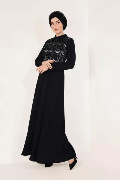 Robe de soirée noire à pompons pour femme T 