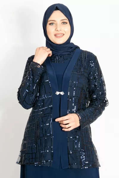 Paillettendetail Jacke Abendkleid Set Marineblau 
