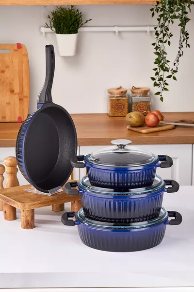 Valeriya Glazen Deksel 7-Delige Gietijzeren Pannenset Donkerblauw Zwart