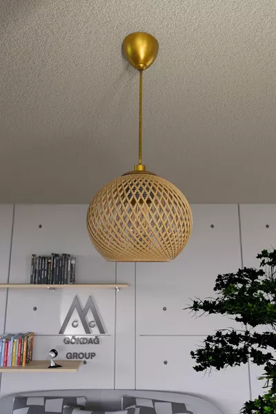 Suspension boule en rotin avec câble doré