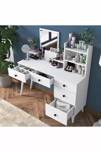 مكينة مكياج بأرفف وخمس أدراج مرآة ومنظم مجوهرات باللون الأبيض