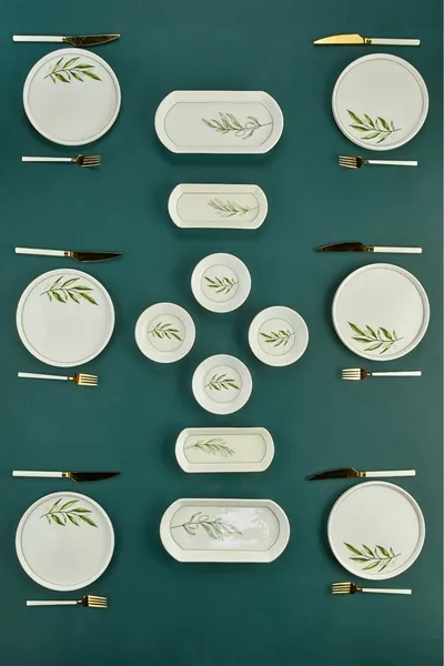 Botanik Yeşil Kamelya Yaprak Desenli Lüx Seramik  Parça 6 Kişilik Kahvaltı Takımı, Seti