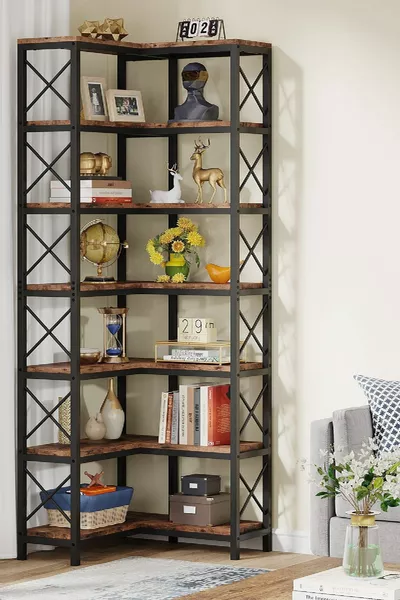 Libreria angolare a 7 livelli con design moderno ed elegante e scaffale portaoggetti
