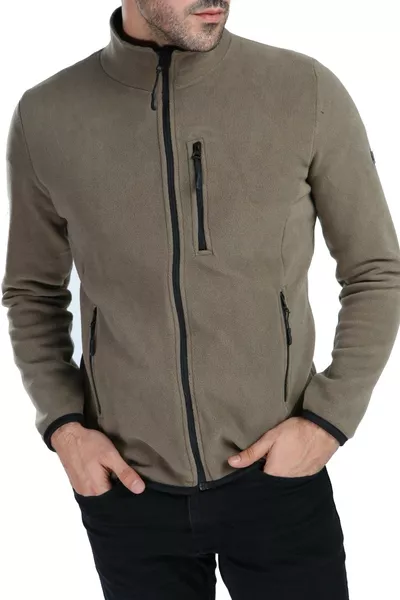 Men's Full-Zip 3-Pocket Open Khaki Outdoor Fleece Jacket