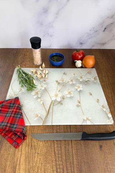 Cam Kesme Tahtası - Cam Kesme Tablası | Beyaz Çiçek - Gold | cm x cm