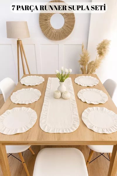 Набор для сервировки стола из 7 предметов с оборками: 6 американских салфеток + 1 дорожка с оборками -  см