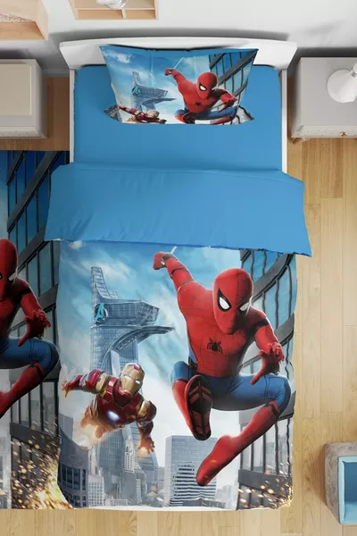 طقم لحاف سرير فردي للأطفال بنقشة الرجل الحديدي وسبايدر مان