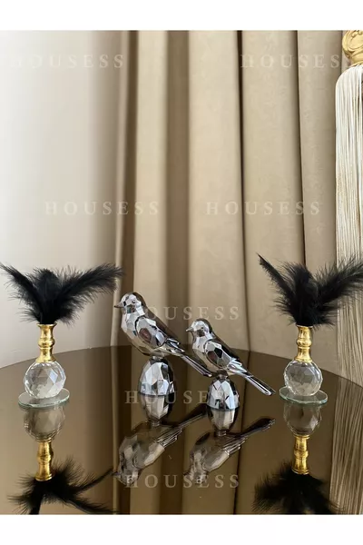 Dekoratives Set mit 2 Vögeln und 2 Einzel-Federhaltern als Figurenschmuck