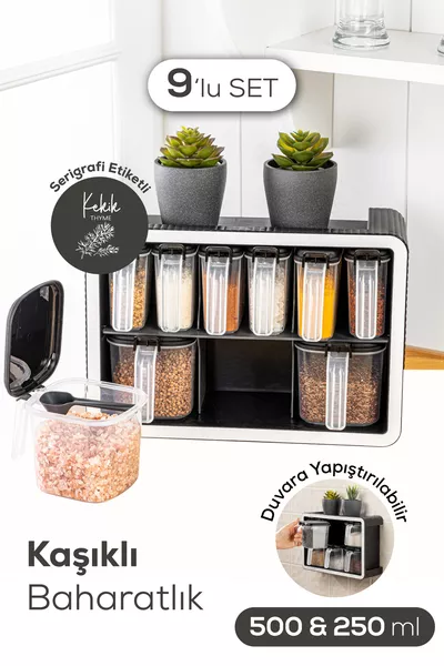 Beyaz Serigrafi Etiketli 9'lu Standlı Kendinden Yapışkanlı Kaşıklı Baharatlık Seti Siyah