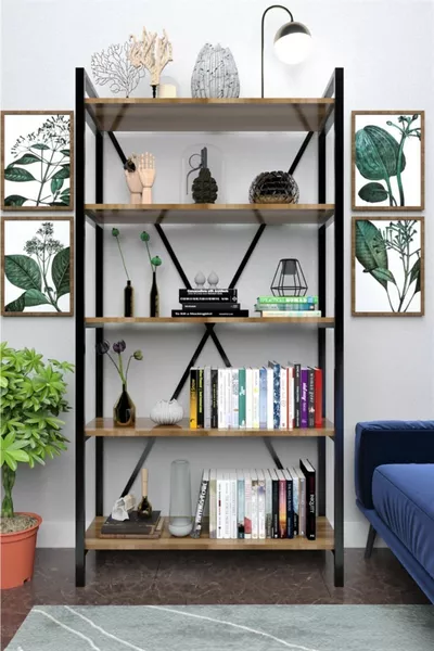 رف كتب معدني بخمسة أرفف للمنزل والمكتب، رف ملفات وكتب، شجر الصنوبر الأطلسي