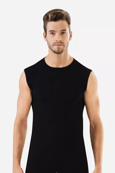 Maglietta Uomo Bianca - Nera, Maniche Corte, Scollo Tondo, Canotta Senza Maniche 2 Pezzi, % Cotone