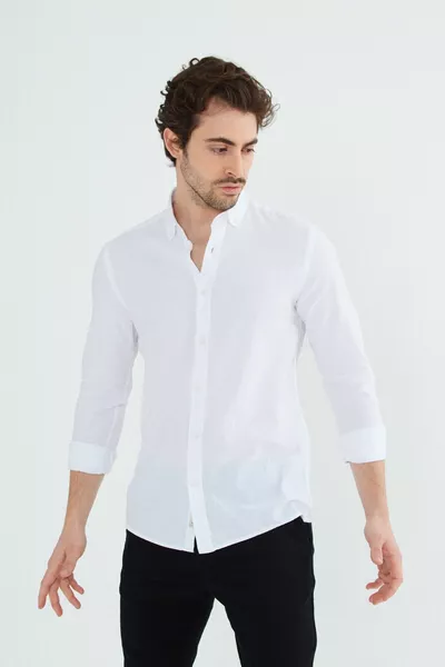 الرجال الأبيض سليم صالح سليم صالح زر طوق الكتان نظرة  ٪ القطن ملتهب قميص