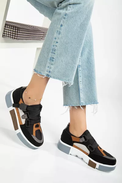 Дамски маратонки Черен разтеглив велур многоцветна дебела подметка