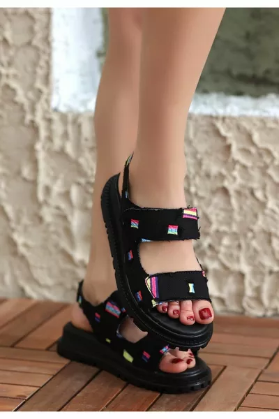 Foin Zwarte Denim Sandalen met klittenband