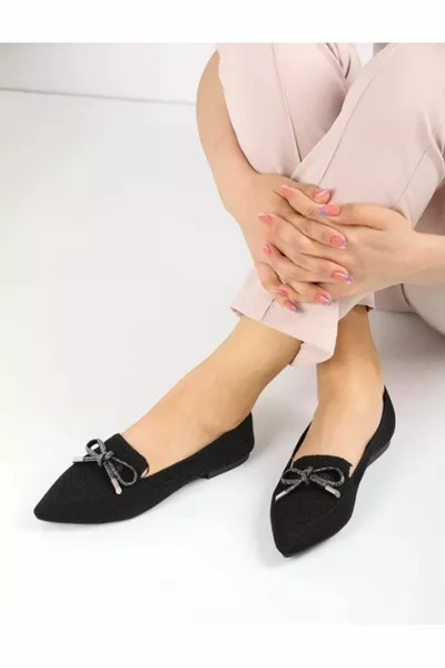 Feles Stone Bow Gedetailleerde Gebreide Vrouwen Ballerina's ZWART