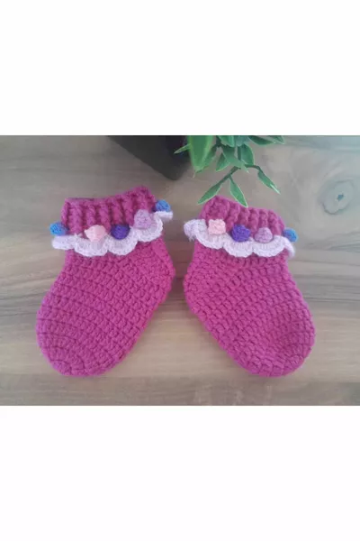 الجوارب طفلة محبوكة باليد الوردي 0-9 أشهر