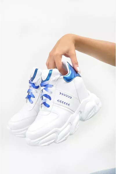 Blaue und weiße Damen-Sneakers mit versteckten gepolsterten Absätzen