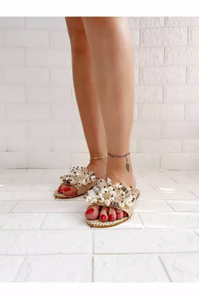 Korallenbeige Muschelstein Stroh Hausschuhe