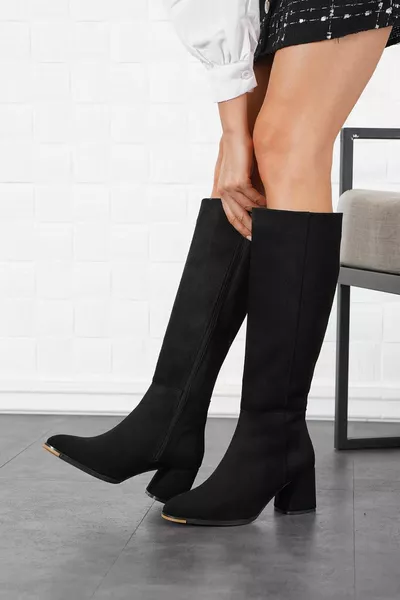 Heper Piece Bottes à talons pour femmes Noir Daim