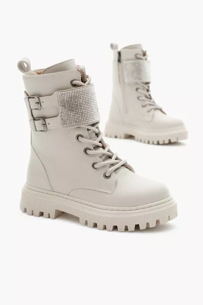 الفتيات البيج الجلد الحرارية وحيد الحجر مفصلة مزدوجة مشبك الدانتيل المتابعة والأحذية الفيلكرو بسحاب