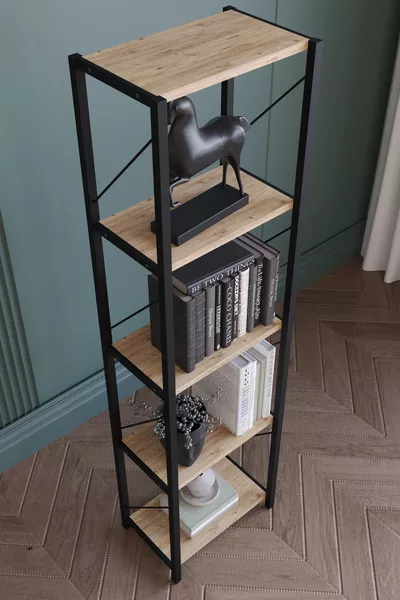 رف كتب معدني ضيق بخمسة رفوف مكتبة ديكورية من خشب البلوط