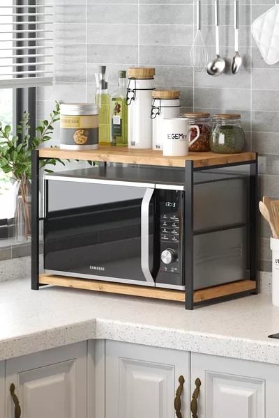 Кухненски плот с метален рафт за микровълнова печка, поставка за чай и кафе, поставка за буркани