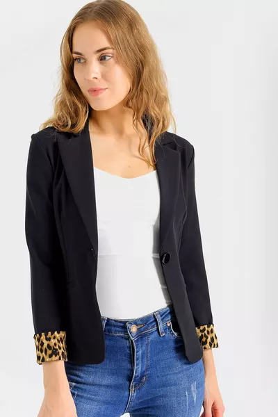 Collared Flap Pocket Double Cuff Long Sleeve Office Chic Blazer Fabric Jacket - Black