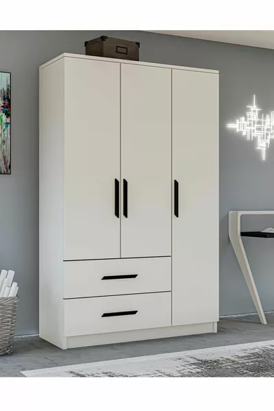 Armadio bianco con maniglie nere GM Modena, 3 porte e 2 cassetti