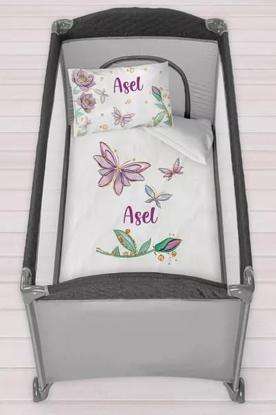 Personalisierte  Parkbett-Bettwäsche Set Lila Schmetterlinge