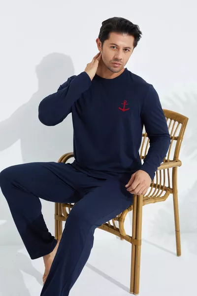 Men's Cotton Long Sleeve Navy Seasonal Pajama Set