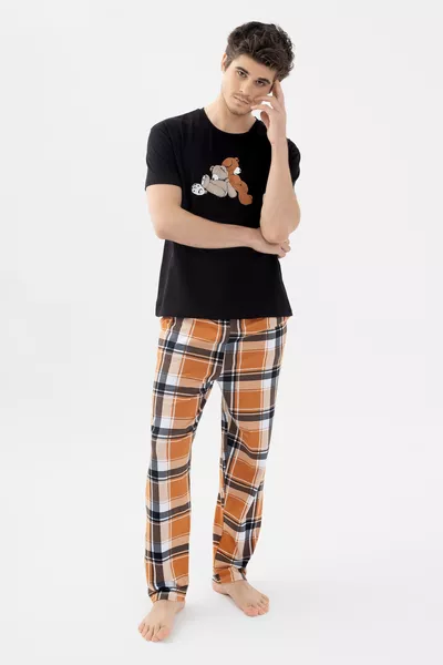 Herren Kurzarm Pyjama-Set aus Baumwolle mit Karomuster und Bärenmotiv