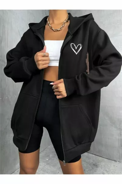 كارديغان واسع مقوس للجنسين بطبعة قلب أسود بسحاب رقيق للمواسم