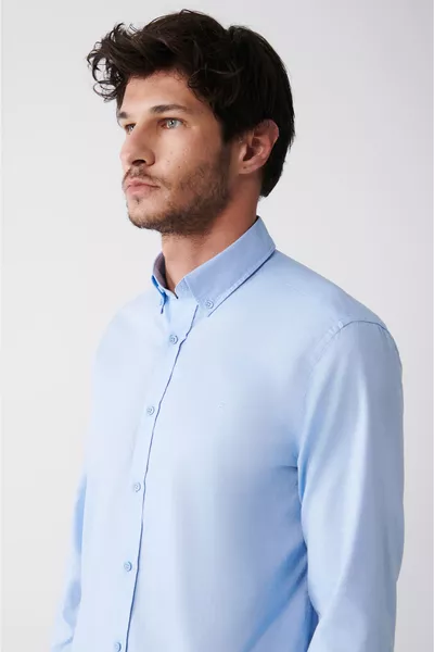 Erkek Açık Mavi Oxford % Pamuk Düğmeli Yaka Regular Fit Gömlek 