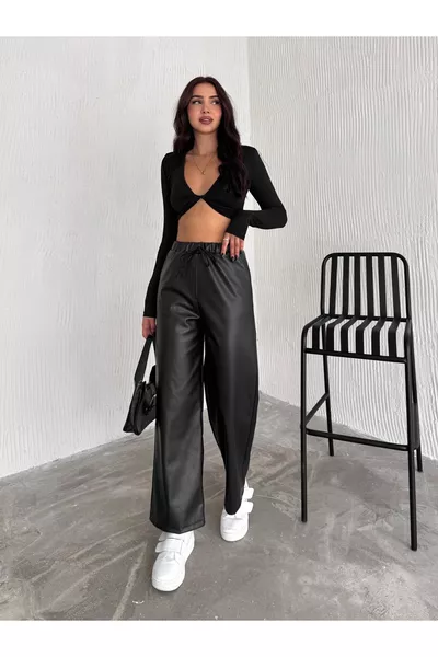 Black Elastic Waist Drawstring Palazzo Leather Pants