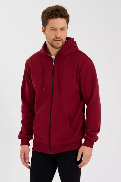 Burgundy Kangaroo Pocket Hooded Zippered Cotton-Lined Men's Sweatshirt