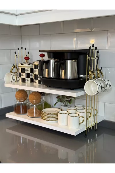Coffee Machine Shelf Countertop Coffee Corner Shelf Kitchen Shelf Two-Tier Rack with Gift GOLD WHITE