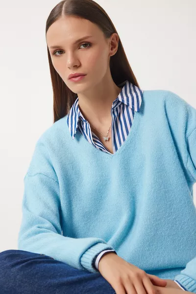 Pull en tricot à col en V femme bleu clair 