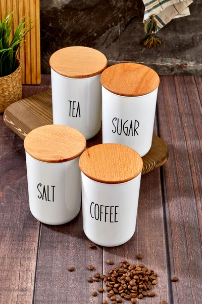 Set van 4 houten vacuümdekseltransferetiket acryl (PLASTIC) thee/suiker/koffie/zout pot ml