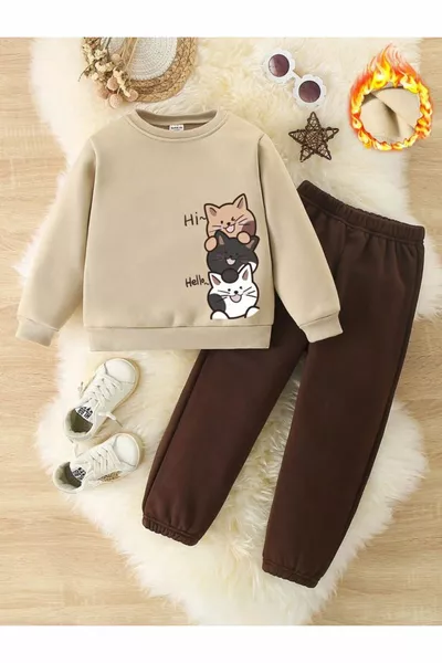 Beige Kids' Top and Bottom Set with Cat Print