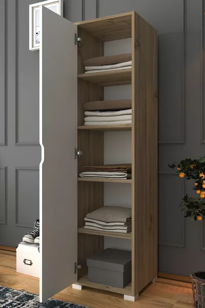 Nisan Cm Chêne clair-blanc Armoire de rangement à 5 étagères à une porte pour salle de bain et vêtements - Garde-robe