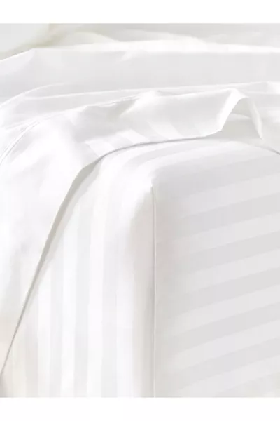 طقم ملاءات ساتان مخطط أبيض من القطن مع شريط مطاطي + غطاء وسادة