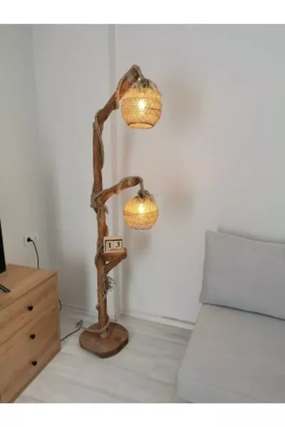 Етажна лампа от дърво Естествена дървена етажна лампа Серия Konak Двойна крушка