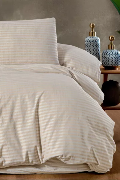 Постельное бельё с резинкой для двуспальной кровати, сатин, кремовое