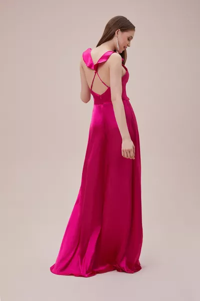 Oleg By Neon Pink Strap V-Neck Satin Long Dress